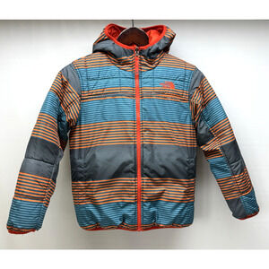 THE NORTH FACE Boys Jacket Medium 10-12 Reversible Orange/ Stripe Hooded Jacket